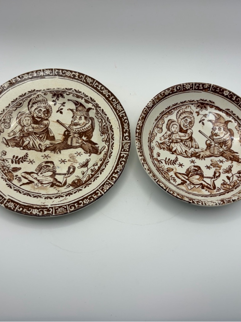 Allerton & Son England Child’s Punch and Judy Plate & Bowl Brown Transferware